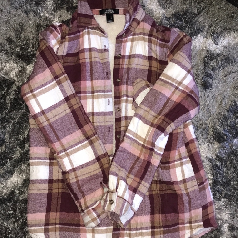 Maroon and white plaid fur button up
